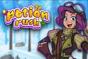 En tecknad karaktär med lila hår och skyddsglasögon står mot en snöig skogsbakgrund, med texten potion rush bredvid