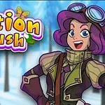 En tecknad karaktär med lila hår och skyddsglasögon står mot en snöig skogsbakgrund, med texten potion rush bredvid