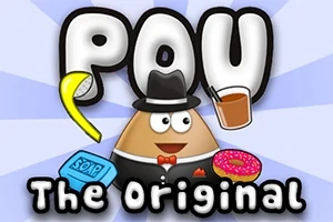 Tecknad figur med hatt, slips och svart kostym omgiven av en tvål, en munk och ett glas med sugrör, med texten POU The Original