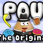Tecknad figur med hatt, slips och svart kostym omgiven av en tvål, en munk och ett glas med sugrör, med texten POU The Original
