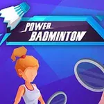 Två stiliserade badmintonspelare med racketar mot en blå och lila bakgrund