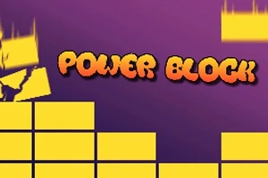 Texten Power Block i orange med gul kontur omgiven av staplade gula block på en lila bakgrund