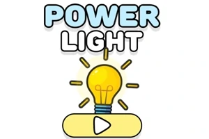 Texten POWER LIGHT ovanför en tecknad glödlampa med lysande strålar och en spelknapp under