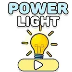 Texten POWER LIGHT ovanför en tecknad glödlampa med lysande strålar och en spelknapp under