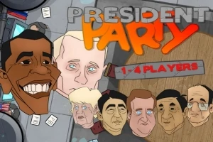 Karikatyrbilder av olika världsledare med texten President Party i bakgrunden
