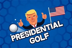 Tecknad bild av en figur med blont hår som ger tummen upp, en golfboll och en amerikansk flagga, med texten Presidential Golf mot en blå bakgrund