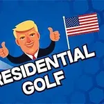 Tecknad bild av en figur med blont hår som ger tummen upp, en golfboll och en amerikansk flagga, med texten Presidential Golf mot en blå bakgrund