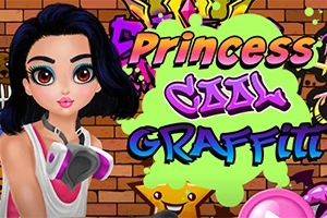 Animerad flicka med mörkt hår och rosa hörlurar står framför en tegelvägg med graffiti-texten Princess Cool Graffiti i färgglada bokstäver