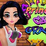 Animerad flicka med mörkt hår och rosa hörlurar står framför en tegelvägg med graffiti-texten Princess Cool Graffiti i färgglada bokstäver
