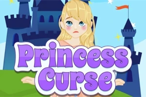 En tecknad prinsessa med långt blont hår står framför ett slott, medan texten Princess Curse syns i förgrunden