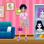 En animerad flicka står i ett rum med rosa väggar, omgiven av peruker på stativ, en blå soffa och tavlor