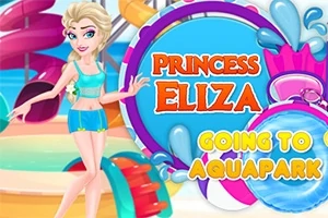 Tecknad karaktär i turkos strandklädsel med texten Princess Eliza Going to Aquapark mot en bakgrund av färgglada vattenrutschbanor