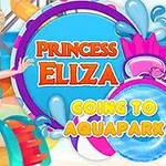 Tecknad karaktär i turkos strandklädsel med texten Princess Eliza Going to Aquapark mot en bakgrund av färgglada vattenrutschbanor