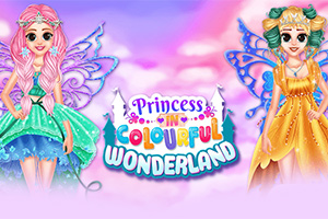 Två tecknade prinsessor med färgglada fjärilsvingar står framför en rosa och lila bakgrund med texten Princess in Colourful Wonderland