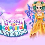 Två tecknade prinsessor med färgglada fjärilsvingar står framför en rosa och lila bakgrund med texten Princess in Colourful Wonderland