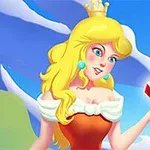 Tecknad prinsessa i orange klänning med krona och blont hår, håller en röd juvel mot en blå himmel med berg i bakgrunden