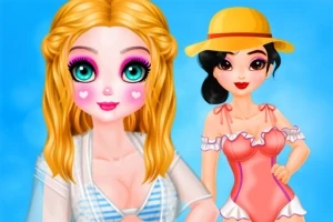 Två anime-inspirerade figurer med stora ögon, en med blont hår och blåvitrandig topp och den andra med mörkt hår, solhatt och orange baddräkt, mot en blå bakgrund
