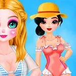 Två anime-inspirerade figurer med stora ögon, en med blont hår och blåvitrandig topp och den andra med mörkt hår, solhatt och orange baddräkt, mot en blå bakgrund