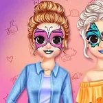 Två tecknade figurer med fjärilsansiktsmålningar, en med rosa fjärilsmönster och uppsatt hår, den andra med blått fjärilsmönster och blont lockigt hår, mot en gradientbakgrund