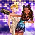 Två animerade kvinnor festklädda i glittriga klänningar med en färgglad bakgrund