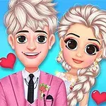 Blond tecknat par i formella kläder med blå bakgrund och röda hjärtan