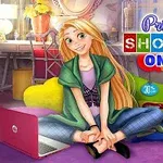 Blond tecknad kvinna sitter på golvet i ett färgglatt rum med en bärbar dator och texten Princess Shopping Online i bakgrunden