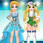 Två animerade figurer klädda i fantasikläder, en i en blå klänning och den andra som en älva med vingar, framför en blå bakgrund