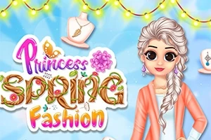 Tecknad flicka med vit fläta och ljus orange kappa mot en färgglad vårbakgrund med ordet Princess Spring Fashion