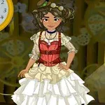 Tecknad person i steampunkklädsel med vit volangkjol och röd korsett samt bruna lockiga hår framför en bakgrund med kugghjul och en klocka