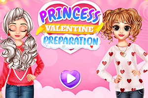 Två tecknade figurer i kärleksfullt tema med färgglada kläder framför en rosa bakgrund med texten Princess Valentine Preparation