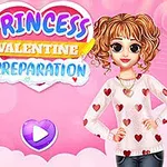 Två tecknade figurer i kärleksfullt tema med färgglada kläder framför en rosa bakgrund med texten Princess Valentine Preparation