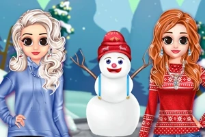 Två animerade figurer står bredvid en snögubbe med röd luva, med snöklädda träd och berg i bakgrunden