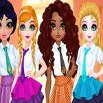 Fem animerade karaktärer i skoluniformer med färgglada kjolar står tillsammans mot en ljus bakgrund