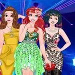 Fyra animerade kvinnor i eleganta klänningar poserar på en fest med färgglada lampor i bakgrunden