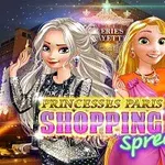 Två animerade prinsessor i glamorösa kläder står framför en upplyst byggnad med texten Princesses Paris Shopping Spree
