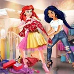 Två animerade kvinnor i ett klädesplagg, där en kvinna hjälper den andra att prova en röd kofta i en klädbutik