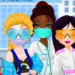 Tre tecknade figurer i sjukvårdskläder, med skyddsglasögon och masker, står framför en sjukhusbyggnad