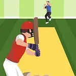 En tecknad spelare i röd väst och hjälm svingar ett slagträ mot en kastare på en cricketplan