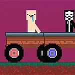 Två pixelerade karaktärer i en enkel vagn med stora hjul mot en lila bakgrund
