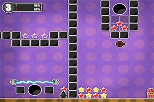 En spelplan med lila bakgrund, svarta block och stjärnor, elektriska vågor, samt olika cirkulära och rektangulära element