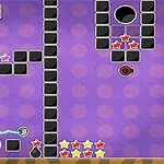 En spelplan med lila bakgrund, svarta block och stjärnor, elektriska vågor, samt olika cirkulära och rektangulära element
