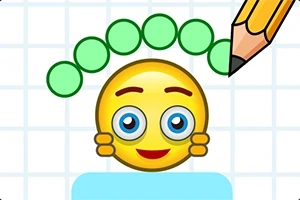 En leende gul emoji med stora blå ögon, inramad av gröna cirklar och en ritad penna i hörnet