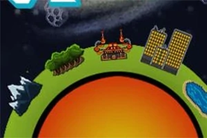 En grön planet med berg, skog, en fabrik, höghus och en sjö mot en mörk bakgrund