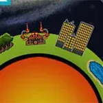 En grön planet med berg, skog, en fabrik, höghus och en sjö mot en mörk bakgrund