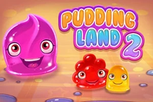 Färgglada geléfigurer med ansikten bredvid texten Pudding Land 2 på en orange bakgrund