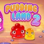 Färgglada geléfigurer med ansikten bredvid texten Pudding Land 2 på en orange bakgrund