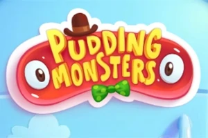 Röd puddingfigur med ögon, hatt och fluga med texten Pudding Monsters framför en ljusblå bakgrund