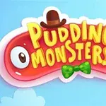 Röd puddingfigur med ögon, hatt och fluga med texten Pudding Monsters framför en ljusblå bakgrund