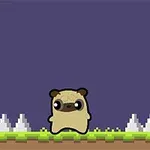 Tecknad hundfigur av en mops står på en pixelkonstruerad gräsplattform med vita spetsar i en lila bakgrund