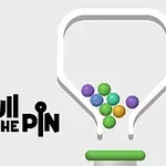 Illustration av en tratt med färgglada bollar ovanför en pinne, och texten Pull the Pin bredvid
